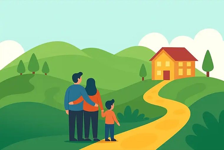 A family looking down a path toward their new home